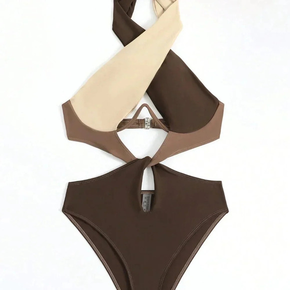 Multicolor Women's Beach Colorblock Criss Cross Halter One-Piece Swimsuit - Picture 3 of 6